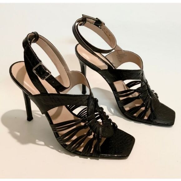 Charles David Vibrant Square Toe Ankle Strap Black Leather Stiletto Heel Size 8 - Picture 3 of 9